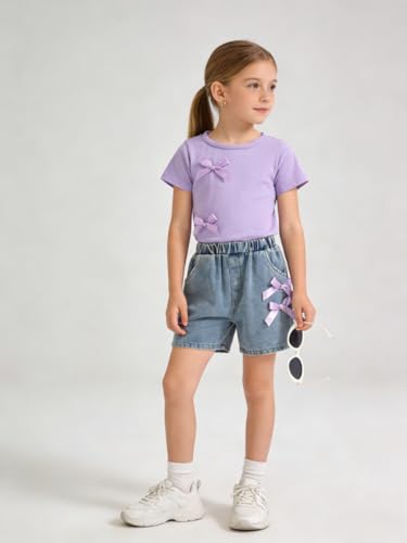 Image of Azmxynol Kid Girls Clothes Outfits Bowknot T-Shirt + 2 In 1 Denim Short Skort Summer Clothing Set, Size 4-10 Years