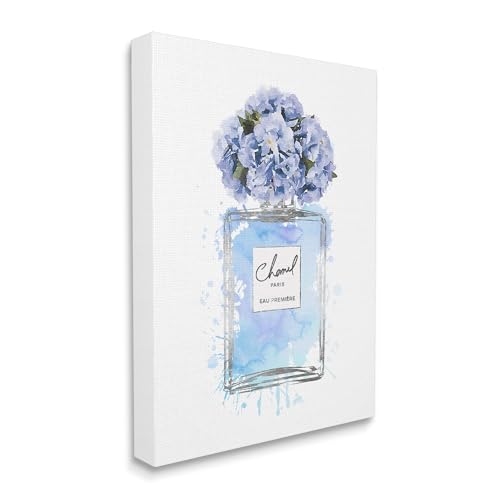 Image of Blue Flowers Perfume Bottle Glam, 36 x 48 Inch Canvas Wall Art | Stupell Industries . By Amanda Greenwood . Ready to hang . Chic fashion inspired decor for living room or bedroom