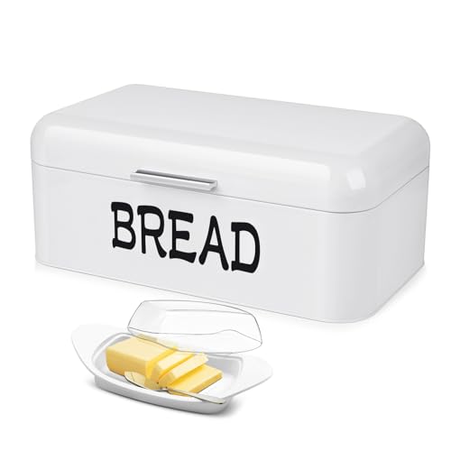 Flexzion Vintage White Metal Bread Box for Kitchen Countertop - Rustic Bread Holder & Bagel Bin Storage Keeper with Butter Dish