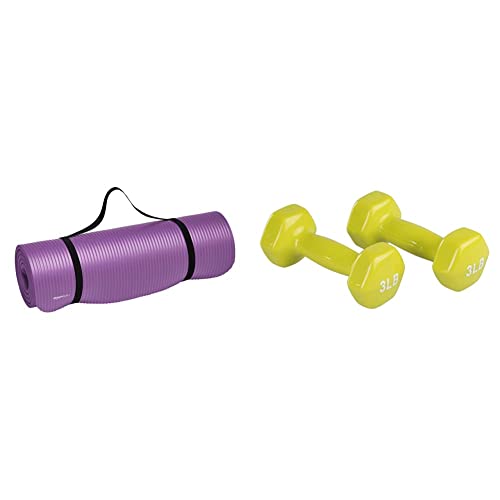 Image of AmazonBasics 13mm Extra Thick Yoga Mat with Carrying Strap, Purple & Vinyl 3 Pound Dumbbells - Set of 2, Citron