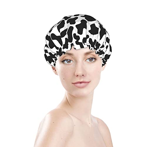 Image of Black And White Cow Skin Abstract Animal Farm Shower Cap For Women Adjustable Double Waterproof Layers Bathing Bath Cap Hair Protection Reusable Ladies Spa Salon Shower Hat