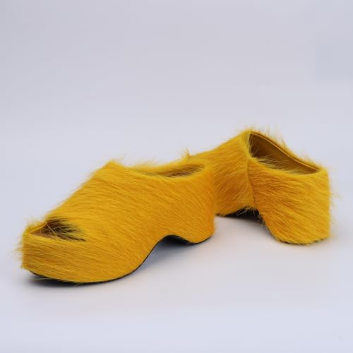 Image of XOBZJH Long-Hair Calfskin Chunky Clog Slide for Women - Memory Foam Luxury Slip on Shoes Women's Mules & Platform Clogs,Designer Mules for Women 2025