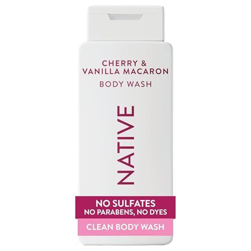 Image of Native Clean Body Wash, Gentle & pH-balanced for Sensitive Skin, 24-Hr Freshness for Women & Men, Vegan & Cruelty-Free, Free of Sulfates & Parabens, Cherry & Vanilla Macaron, 18 fl oz