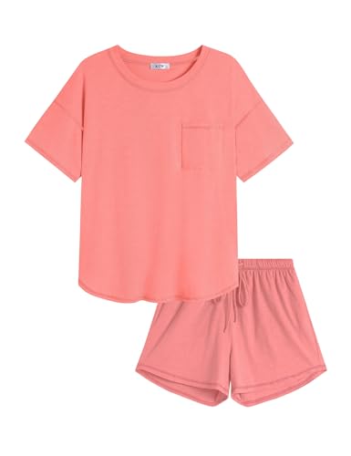 Image of KCW Pajamas for Women Set 2 Piece 100% Cotton Lounge Sets Short Sleeve Top and Shorts Pj Set Sleepwear Outfits