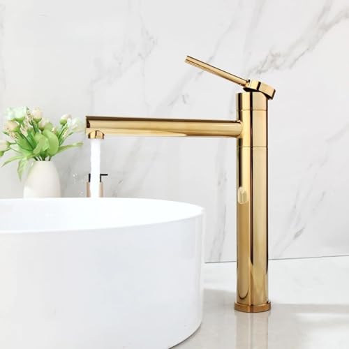 Grifo de lavabo dorado que evita salpicaduras en lavamanos altos de baño