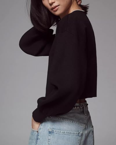 Image of Kedera Women's Open Front Cardigan Sweater Long Sleeve Pearl Trim Cropped Sweater Embellished Knitted Top Trendy Black