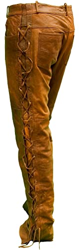 Mens Cowboy Western Traditional Native American Leather Pants Men Casual Breeches Fashion Pant Mens Side Laces Pant (as1, Waist, Numeric_34, Numeric_34, Regular, Regular, Camel Brown, Regular)