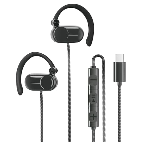 fesoklaf Auriculares de oído abierto con cable USB C con ganchos para las orejas, auriculares para correr con micrófono y control en línea, conducción de aire, auriculares estéreo con cable para