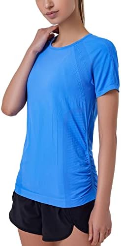 RUNNING GIRL Seamless Workout Shirts for Women，Short Sleeve T-Shirt Stretch Tees Quick Dry Gym Athletic Tops(2853_Blue_M)