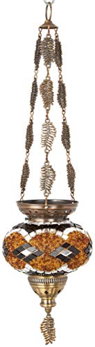 DEMMEX Turkish Moroccan Colorful Mosaic Bohemian Boho Hanging Candle Holder Lantern with Handmade Colorful Glass Globe and Metal Leaf Chains, 60 cm (Brown-Black)