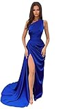 Miao Duo Womens Long Wrap Pleated Satin Bridesmaid Dresses with Slit Mermaid One Shoulder Formal Party Gowns Royal Blue 6