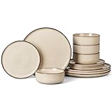 Onader 12 Piece Dinner Set, Reactive Glaze Stoneware Dinnerware for 4 People, Elegant Plates and Bowls Sets for Kitchen Christmas Camping, Scratch Resistant, Microwave & Dishwasher Safe - Latte Khaki