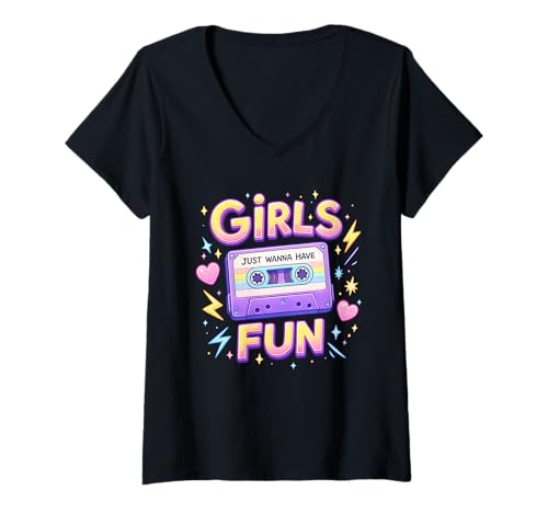Donna Design vintage anni '80 con scritta "Girls Just Wanna Have Fun" Maglietta con Collo a V