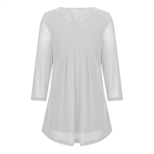 Glitzer Oberteile Damen 3/4 Ärmel Bluse Elegant Pailletten Tunika Festliche Blusenshirt Mesh Pullover Einfarbig Tshirt Silvester Outfit Leicht Luftig T-Shirt Mode Blusentop Longbluse