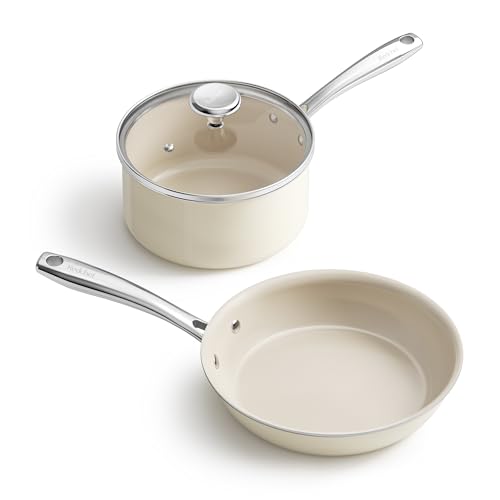 Image of Redchef Nonstick Mini Cookware Set, 8 inchCeramic Fry Pan 2.5Qt Sauce Pan with Lid, Fryingpan & Pots Set, Induction Compatible, Nontoxic, Oven Dishwasher Safe, PTFE & PFOA Free, Beige