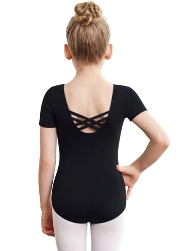 Image of Zaclotre Girls Gymnastics Leotards Crisscross Back Ballet Dance Outfits | Team Basic Leotard,Classic Short Sleeve,Hollow Back,High Stretch,Perfect Fit,Soft Cotton,Breathable,Ballerina Costume