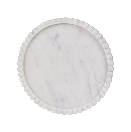 Handcarved Round Marble Tray | White Bathroom Decorative Serving Coffee Table Jewellery Countertop Organizer Scallop 10x10x1