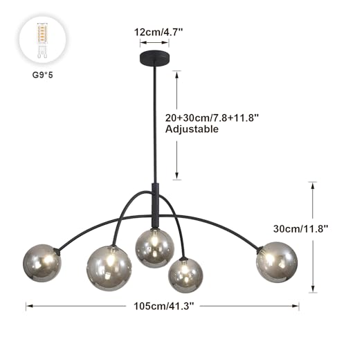 Image of Mid Century Modern Chandelier Black 5 Light Industrial Pendant Light Fixture Vintage Smoke Gray Globe Glass Sputnik Chandeliers for Bedroom Kitchen Living Room Hallway