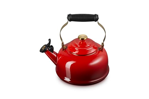 Image of Le Creuset Enamel On Steel Whistling Tea Kettle, 1.7 qt., Cerise /Gold