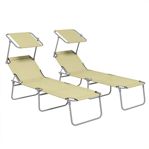 Outsunny Juego de 2 tumbonas Plegables para Exteriores, Respaldo Ajustable de 4 Niveles, Tumbona reclinable con Ajuste de ángulo para Playa, jardín, Patio, Color Beige