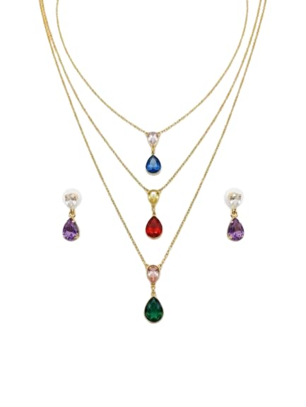 Golden Multi-Layer Crystal Pendant Necklace Set for Women | Colorful Teardrop Stone Layered Chain with Matching Drop Earrings | Fashion Jewelry for Party, Wedding, Festive & Daily Wear-picture-21