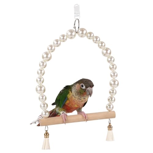 Parrots Bridge Hammock Swing Bridge Swing Standing Training Supplies Bridge Wood Hammock with Pearls Beads Toy Large Bird Swing for Parrots (White)