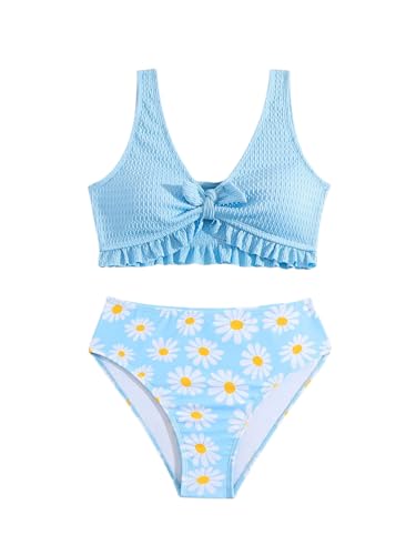 Girl's 2 Piece Bikini Sets Floral High Waisted Knot Front Cute Swimsuit Bathing Suit