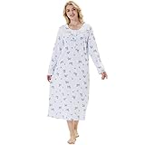 Keyocean Nachthemd Damen Baumwolle Schlafshirt Langarm Nachtwäsche Winter Lang Schlafkleid Weich Loungewear mit Knopfleiste, Jasmin auf Blau, XL