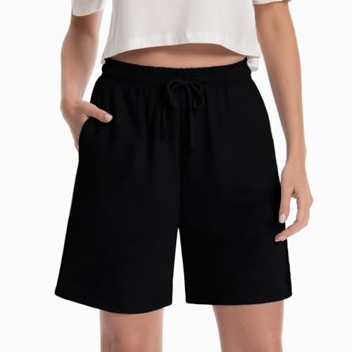 Rolcoassuns Women's High Waisted Athletic Shorts Loose Fit Cotton Jogger Sweat Shorts with Pockets, Gym Running Lounge Bermuda Shorts, Summer Workout Hiking Casual Sports Shorts Black