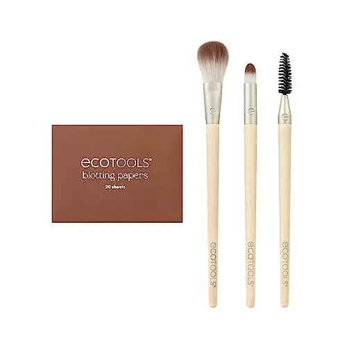 EcoTools Limited Edition Touch Ups &amp; Tinsel Face Kit, Makeup Brush Set For Powder, Concealer, &amp; Brows, Control Oil With Blotting Papers, Eco-Friendly Makeup Tools, Cruelty-Free, 4 Piece Gift Set
