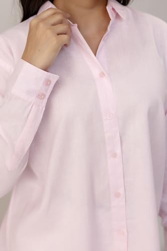 Image of Women's Linen Blend Shirt | Casual Collared Button Down Shirt for Women | Solid Color Full Sleeve Oversized Fit | Summer Casual & Office Wear Top