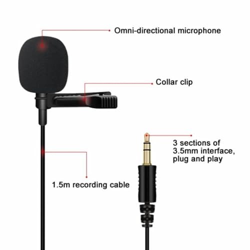 Image of ELFOG Lavalier Microphone 3 Pole TRS Jack 1.5m Cord for Moto Vlogging Compatible with Go-Pro,DJI Action Camera Accessories