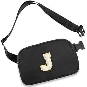 Belt Bag Fanny Pack with Initial Letter Patch, Crossbody Bags for Teen Adult Girl Women, Personalized Gifts for 8 9 10 11 12 13 Year Old Girl, Fashion Waist Packs, Birthday Gift Idea, Black J