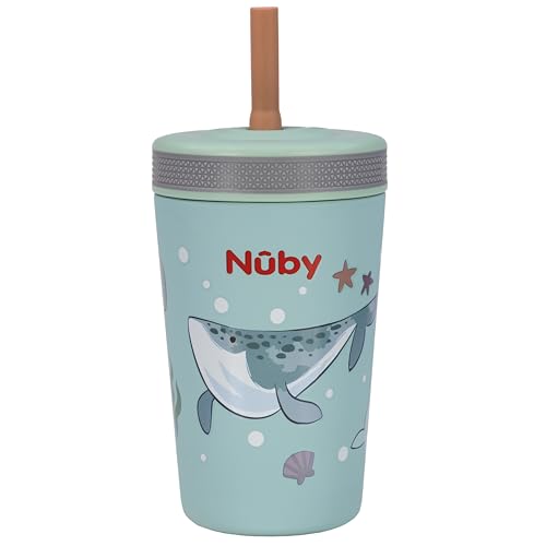 Image of Nuby Thirsty Kids Flexstraw Stainless Steel Insulated Toddler Cup - 12 oz | Leak-Resistant Silicone Straw - Easy-Clean Valve and Capacity - Travel Cup - Ocean