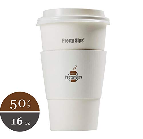 Pretty Sips Paper Hot Cups with Lids and Cup Sleeves, White (HOT16LS),Qty of 50 - //coolthings.us
