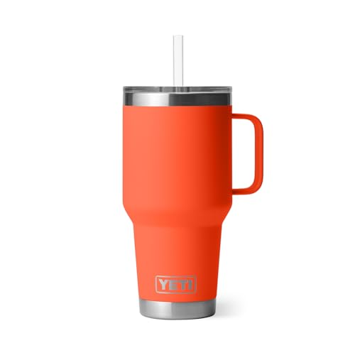 Image of YETI Rambler 35 oz Tumbler with Handle and Straw Lid, Travel Mug Water Tumbler, Vacuum Insulated Cup with Handle, Stainless Steel, Papaya