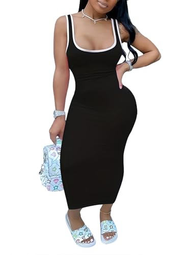 PINSV Women's Sexy Sleeveless Bodycon Tank Dress U Neck Halter Wrap Long Maxi Dresses Casual Party Beach Sundresses