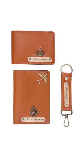 Image of Personalized Wallet, Keychain and Passport Combo | Personalized Wallet Keychain Passport Set with Name Printed Keychains Passports for Men | Customised Gift Set for Men with Name & Charm, Tan