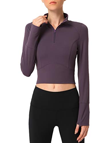 Uaneo Womens Quarter Zip Stand Collar Long Sleeve Crop Workout Top with Thumbholes (Dark Purple, XL)
