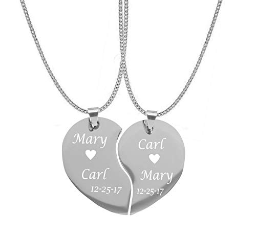 Personalized Couple's Silver Stainless Steel Split Broken Heart Necklace Set Custom Engraved Free - Ships from USA