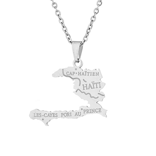Stylish-Art Haïti Carte Pendentif Colliers - Motif Ethnique Drapeau Région Haïti Cartes Chandail Chaîne Charme Hip Hop Bijoux À La Mode pour Femmes Hommes Clavicule Chaîne Colliers,Argent,50 cm
