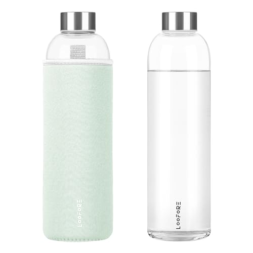 LOOFORE Glasflasche 1 liter / 1l Wasserflasche Glas 1000ml inkl. Neoprenhülle BPA freie Trinkflasche Spülmaschinenfeste Water Bottle für kohlensäurehaltige Getränke 1 Stück
