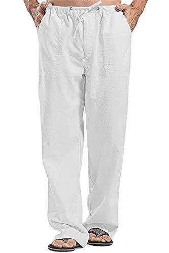 Pantalon en lin homme blanc ample décontracté style jogger pants avec poches