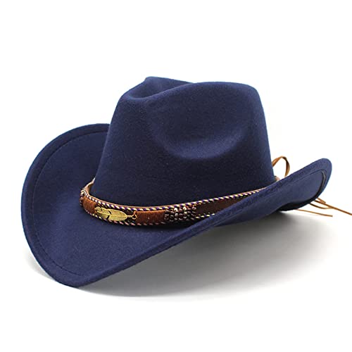 QTLUOYE Unisex Felt Cowboy Hat Wide Brim Western Hat with Adjustable Drawstring and Metal Accents for Daily Wear (Navy Blue ONE Size)