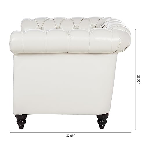 Image of LEVNARY Leather Upholstered Armchair, Mid-Century Modern Single Sofa Chair with Rolled Arms and Nailhead, Tufted Pu Leather Chesterfield Chair for Home Bedroom Reading Room (Cream White)
