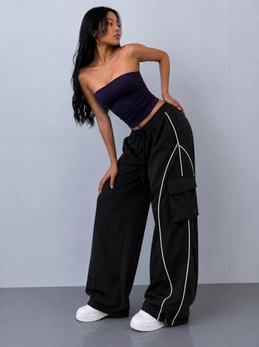 Image of Parachute Baggy Track Pant for Women | Korean Style Loose Fit Wide Leg Cargo Pockets | Piping Casual Trouser
