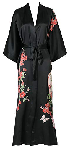 Silk Kimono Women's Long Robe Nightgown- Handpainted Sleepwear Black