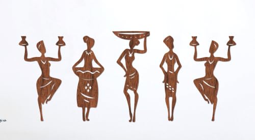 Afrikalı Kadınlar Ceviz Doğal Ahşap Kaplama 5 Parça Duvar Sanatı, Etnik Otantik Salon ve Ev Dekoru, 30 cm (Yükseklik)