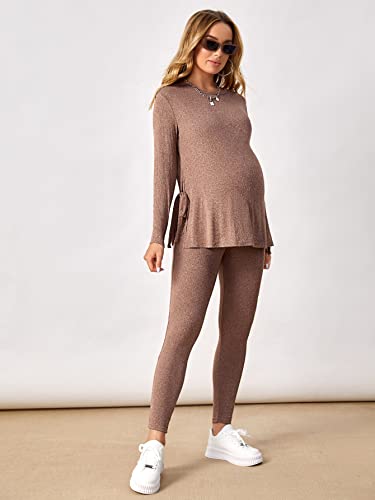 Makemechic Women's Maternity 2 Piece Outfits Long Sleeve Tie Side Tee Shirt Top And Leggings Set Mocha Brown M #TOP2