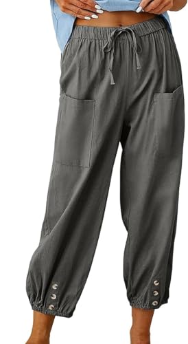 Women's High-Waist Button Cotton Linen Pants Drawstring Straight Wide Leg Pant Beach Capri Trouser with Pockets